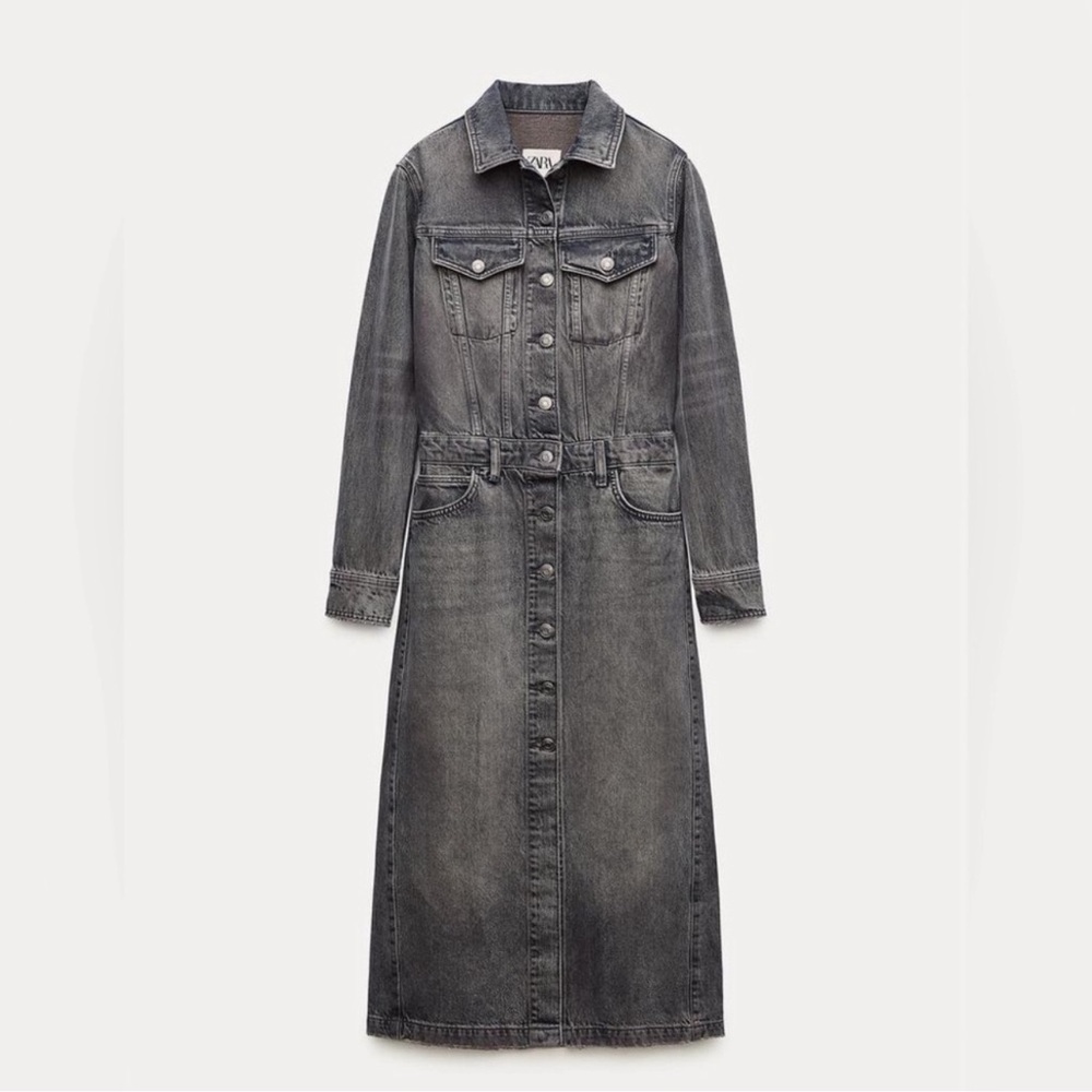 Zara Washed Black Denim Maxi Shirt Dress, size M - Picture 2 of 8